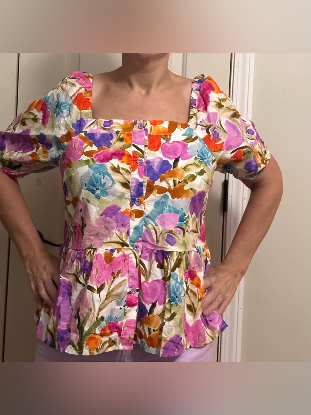Floral Square-Neck Puff Sleeve Peplum Dress - Multi